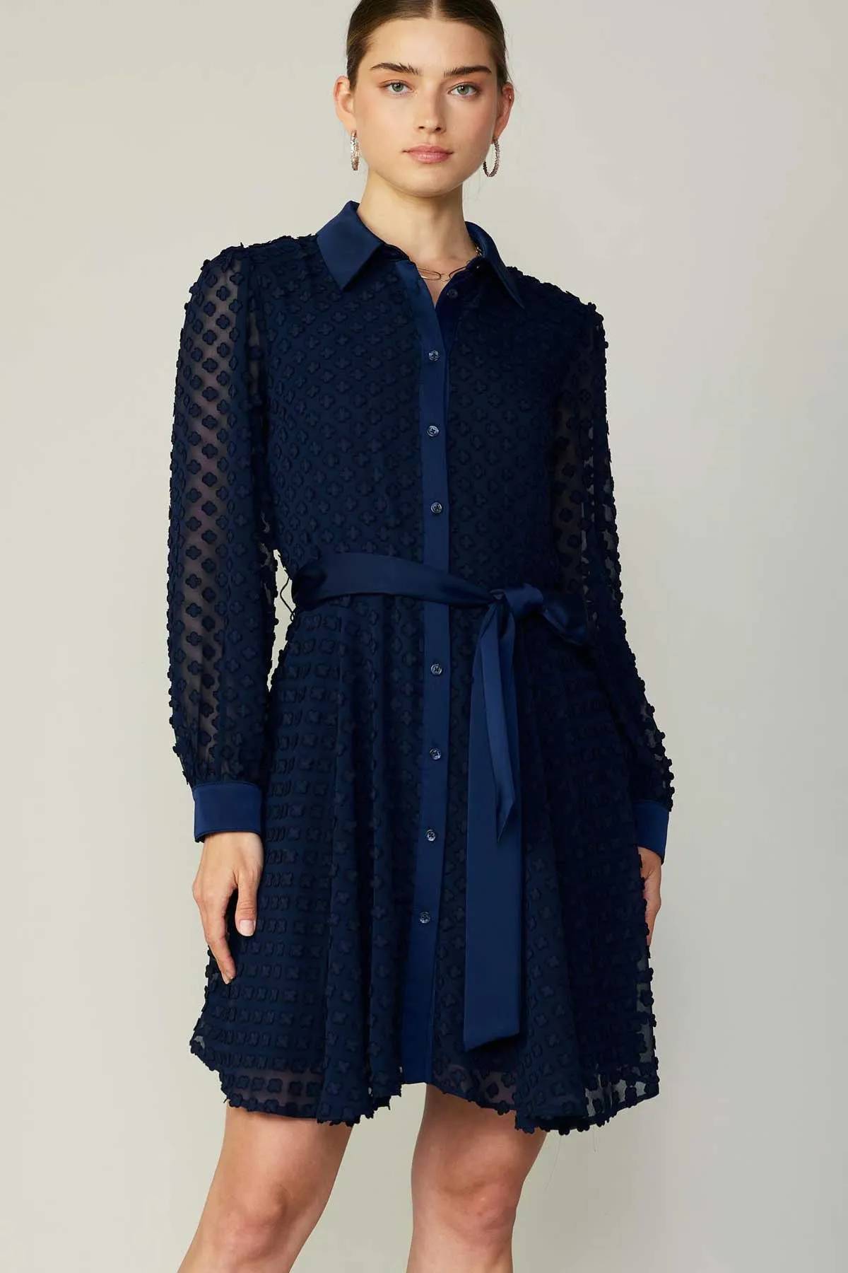 Navy Clipped Flower Jacquard Shirt Mini Dress