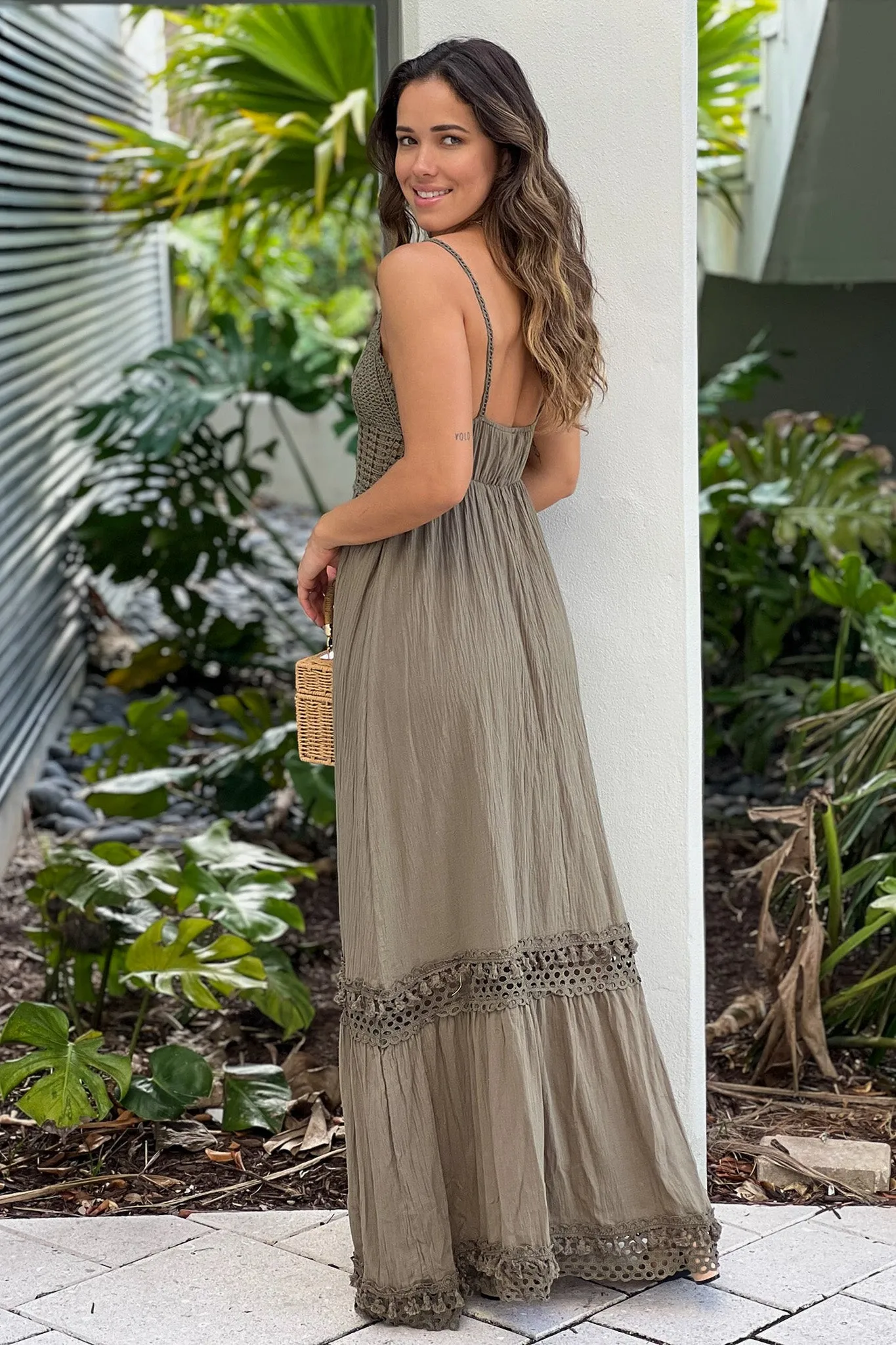 Olive Maxi Dress With Crochet Top