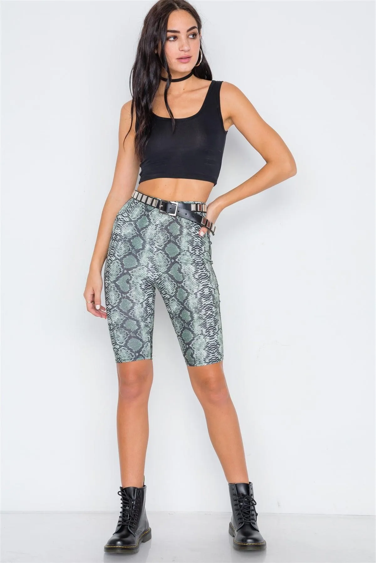 Olive Snake Print High-Waist Gym Biker Shorts