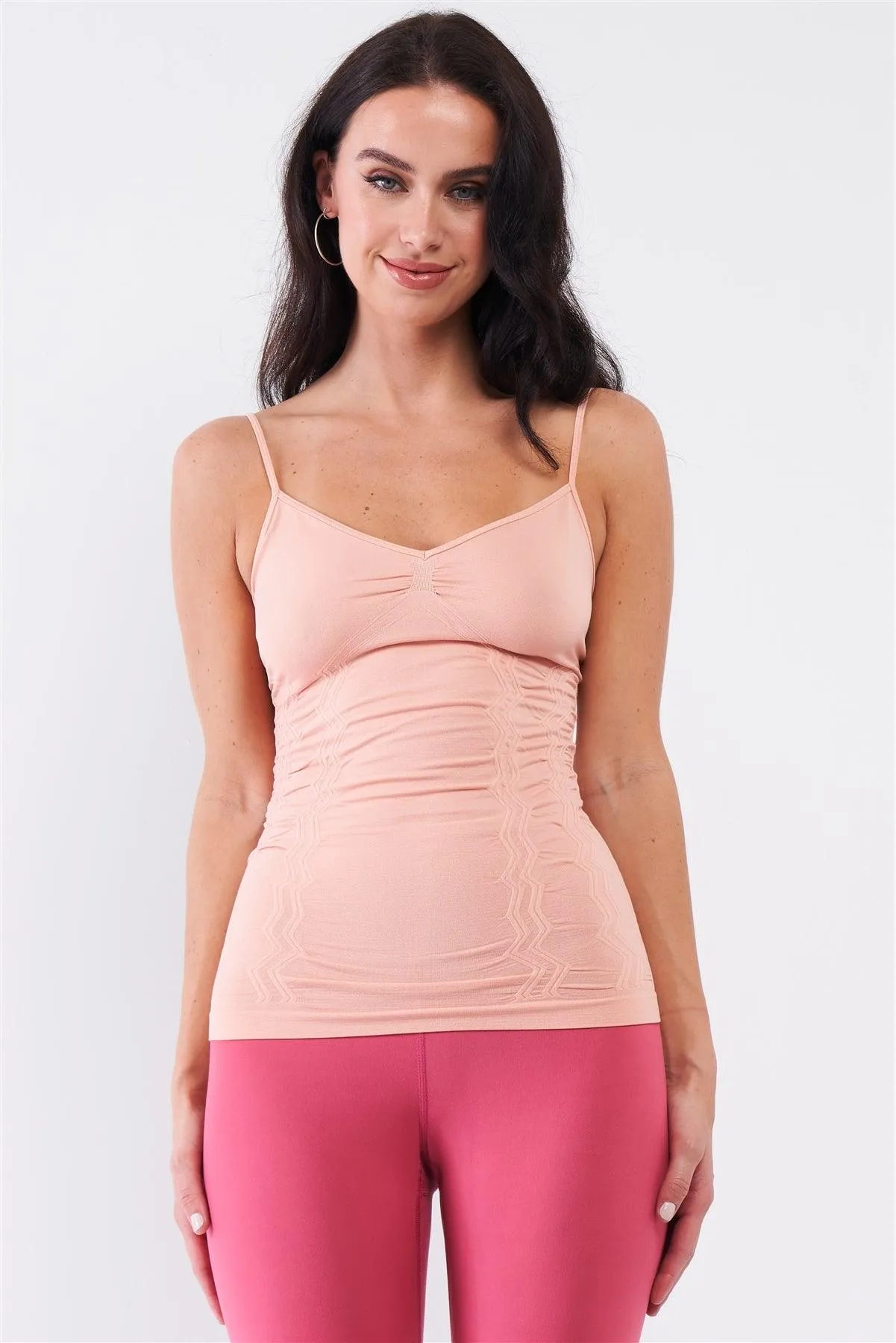 Pink Basic Sleeveless V-Neck Gathered Front Detail Ribbed Back Cami Top /3-3