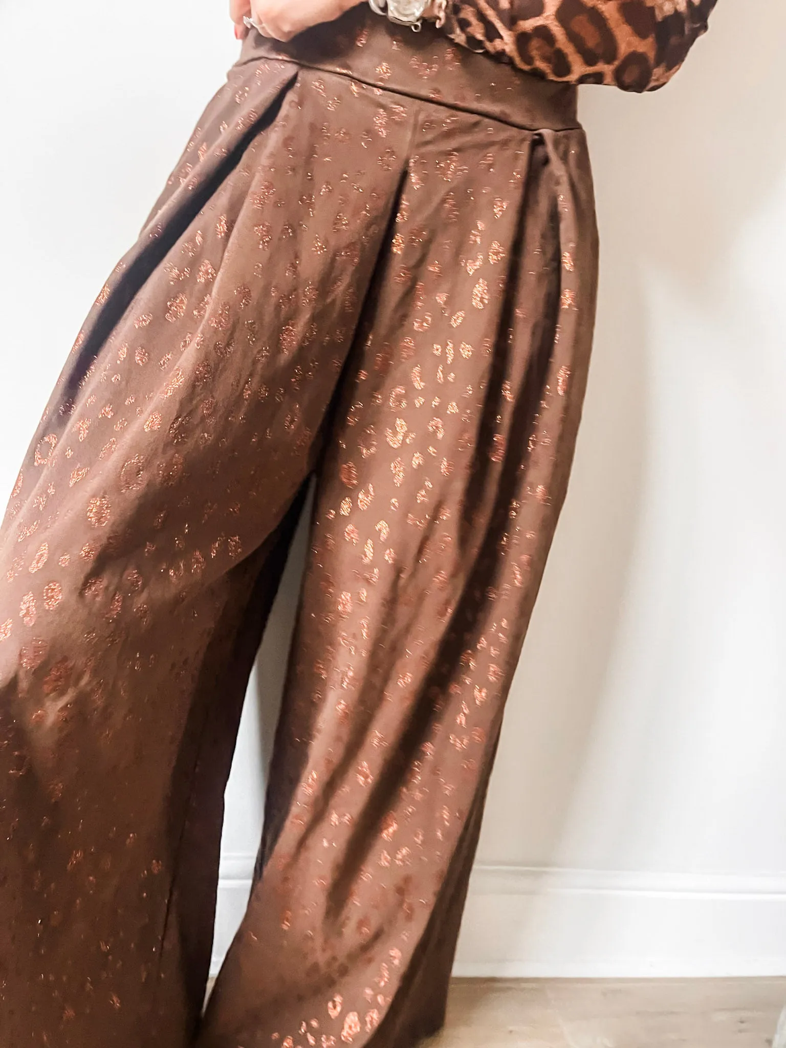 Plus Size Glitter Leopard Wide Leg Trousers