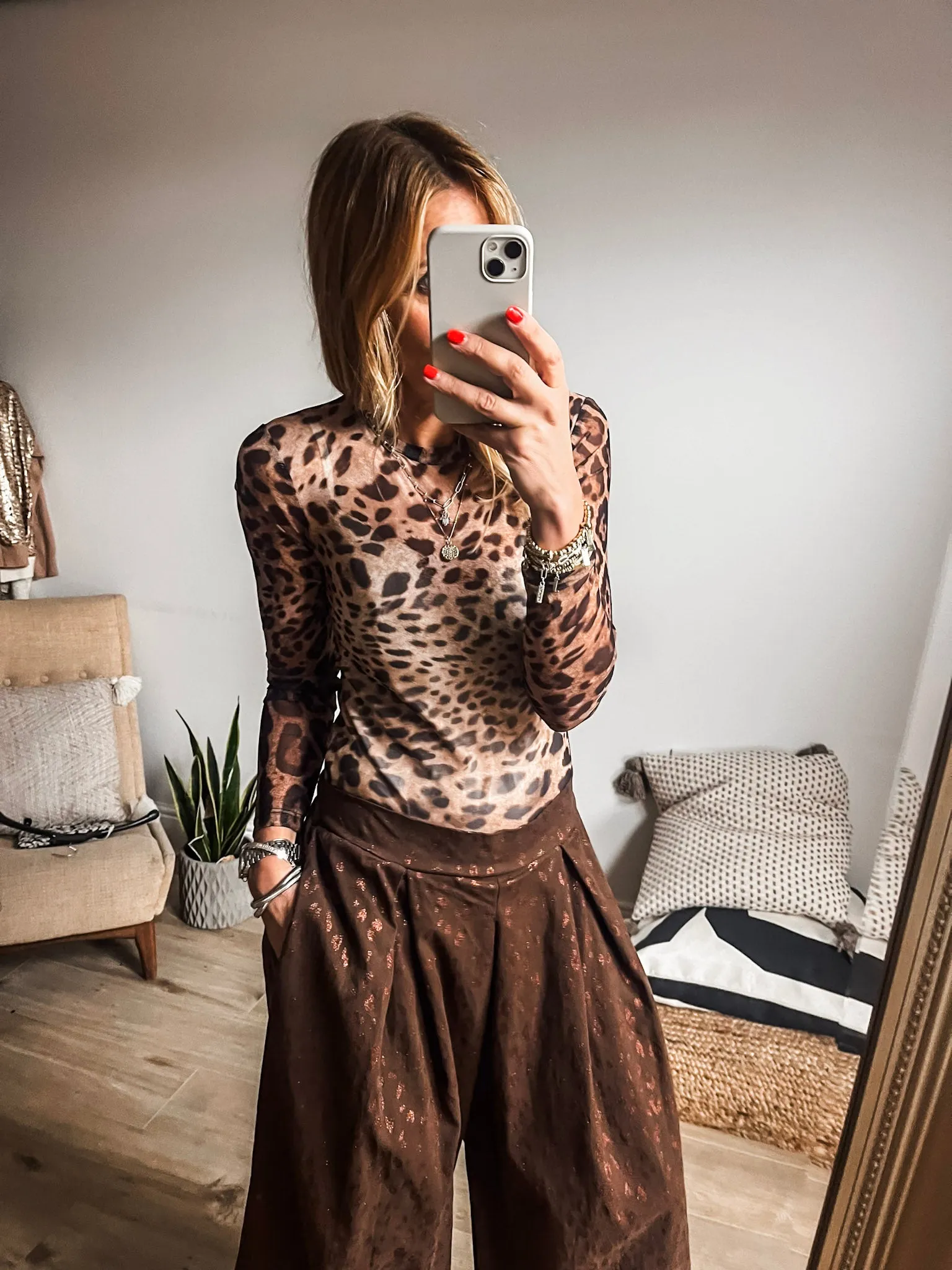 Plus Size Glitter Leopard Wide Leg Trousers