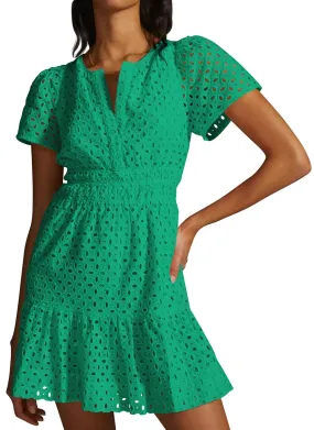 PRETTYGARDEN Womens 2024 Summer Short Dress V Neck Short Sleeve A Line Hollow Out Lace Ruffle Cute Casual Beach Party Dresses (Green,Small)