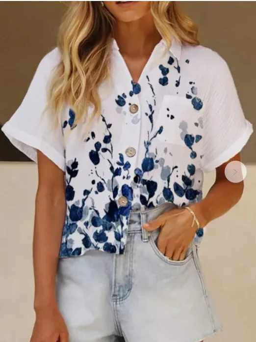 Printed stitching lapel casual short-sleeved shirt