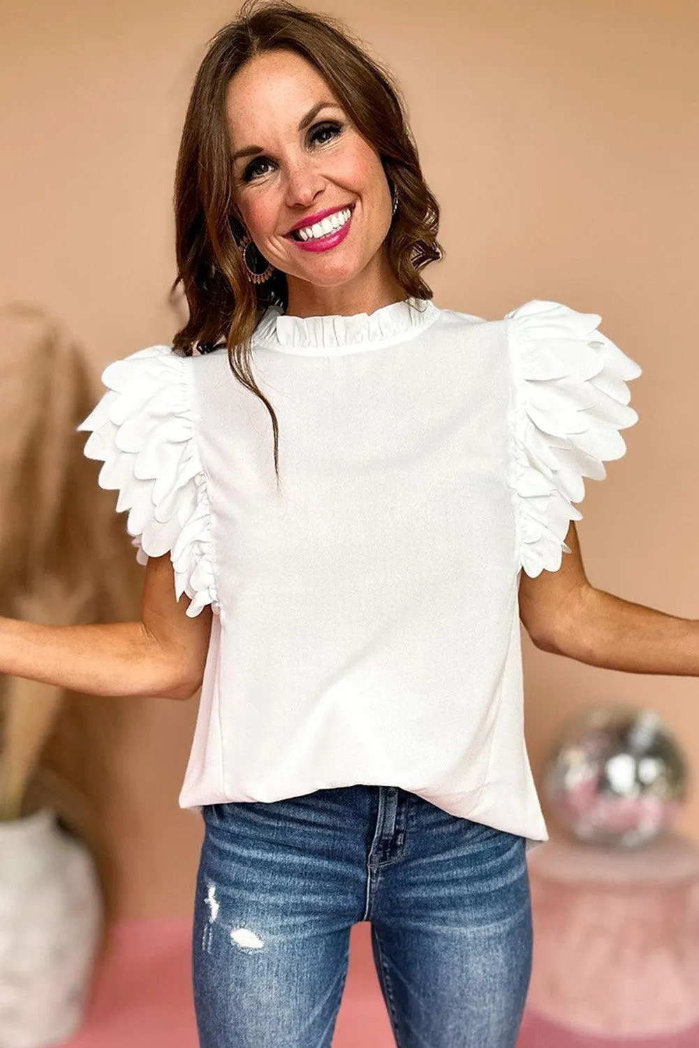 Ruffled White Scalloped Sleeve Blouse