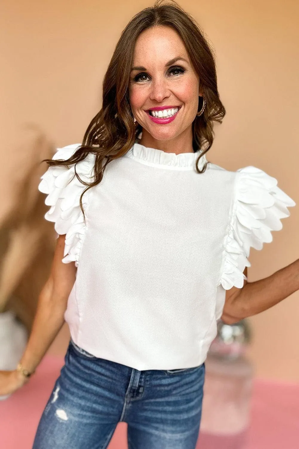 Ruffled White Scalloped Sleeve Blouse