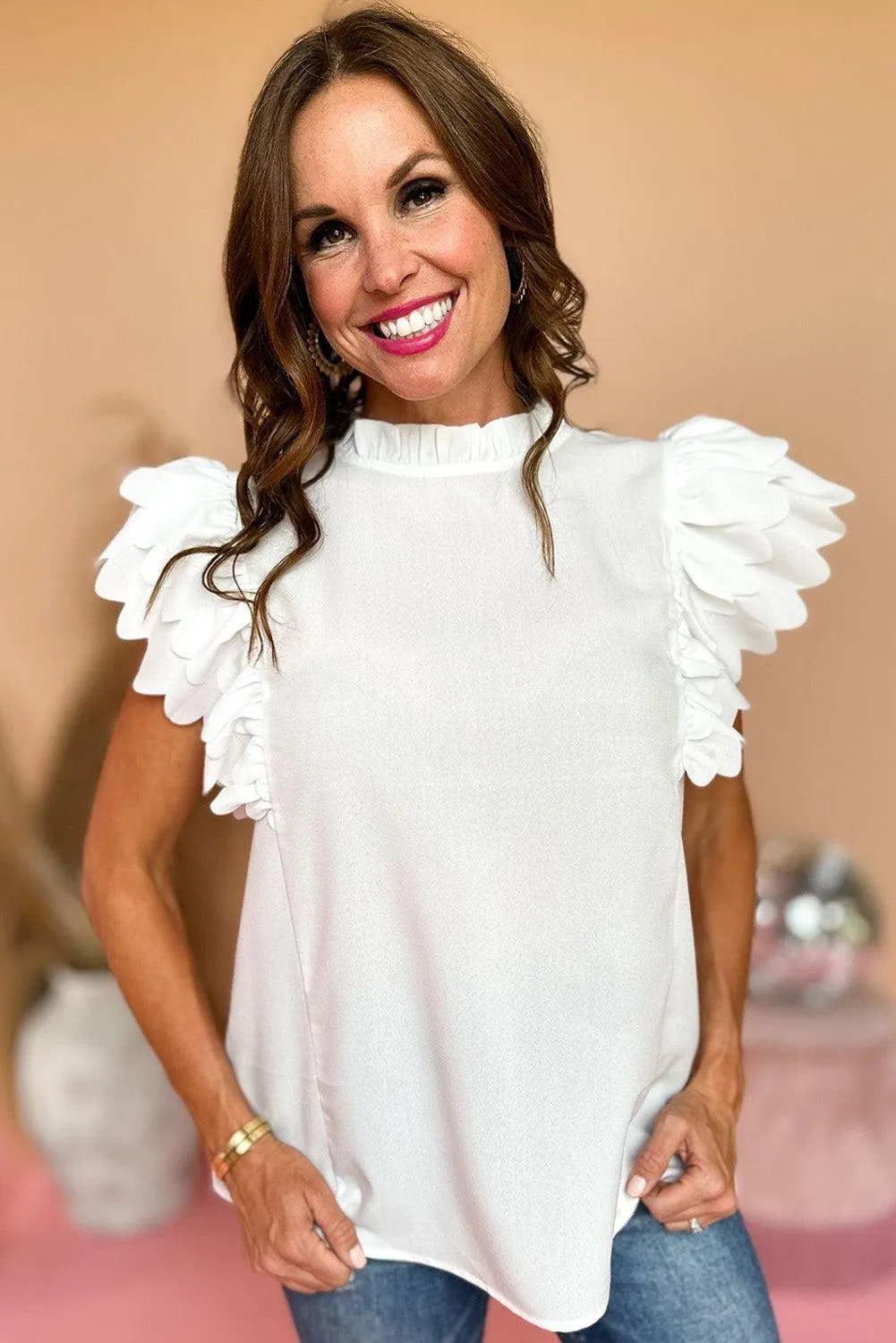 Ruffled White Scalloped Sleeve Blouse