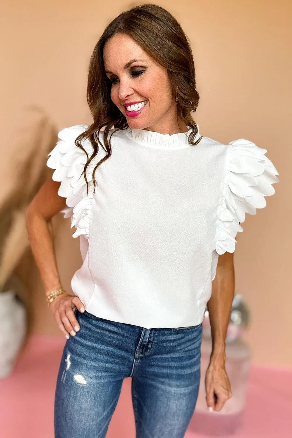 Ruffled White Scalloped Sleeve Blouse