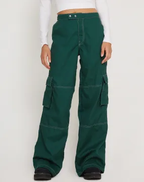 Saul Wide Leg Cargo Trouser in Bottle Green with White Stitching