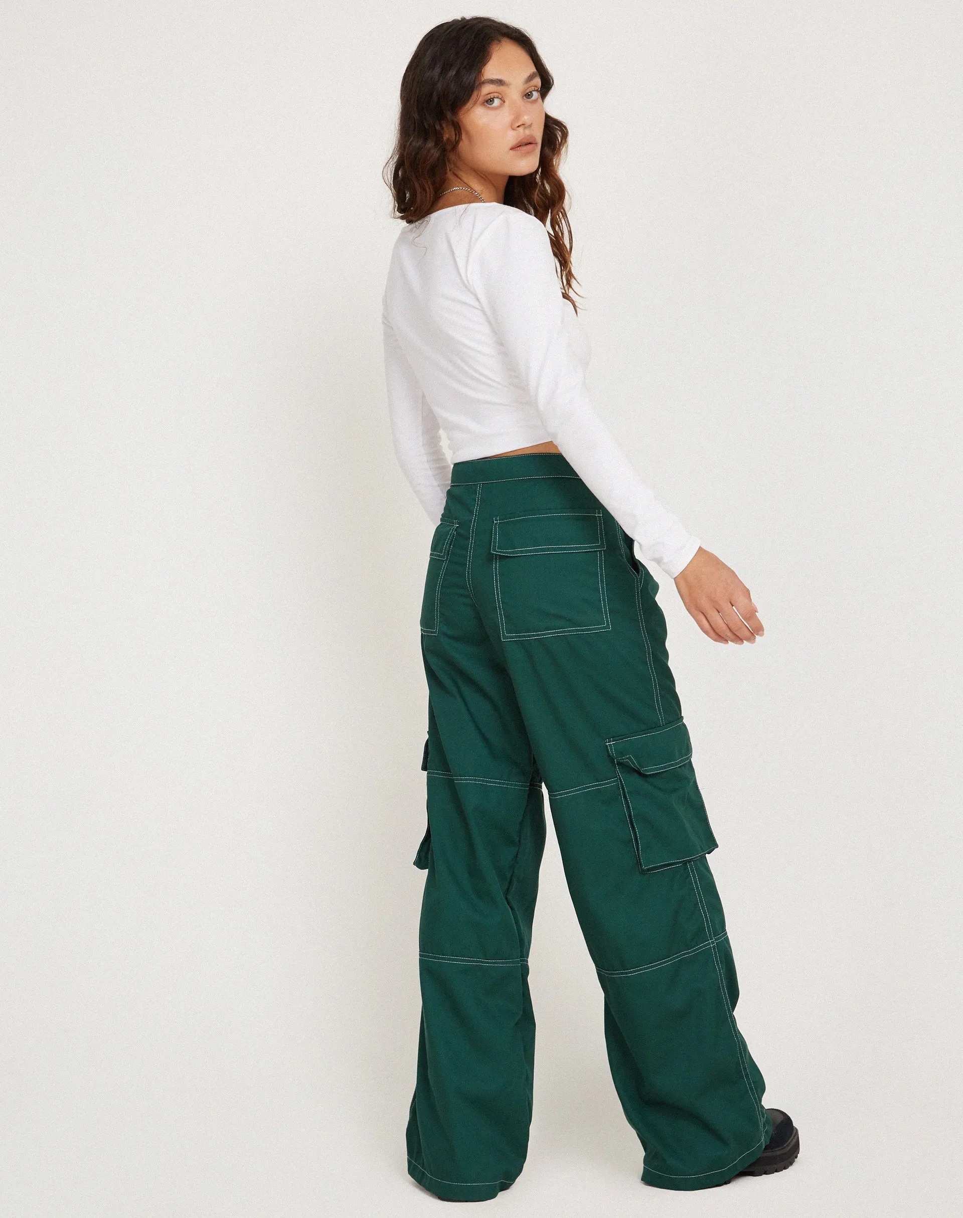 Saul Wide Leg Cargo Trouser in Bottle Green with White Stitching