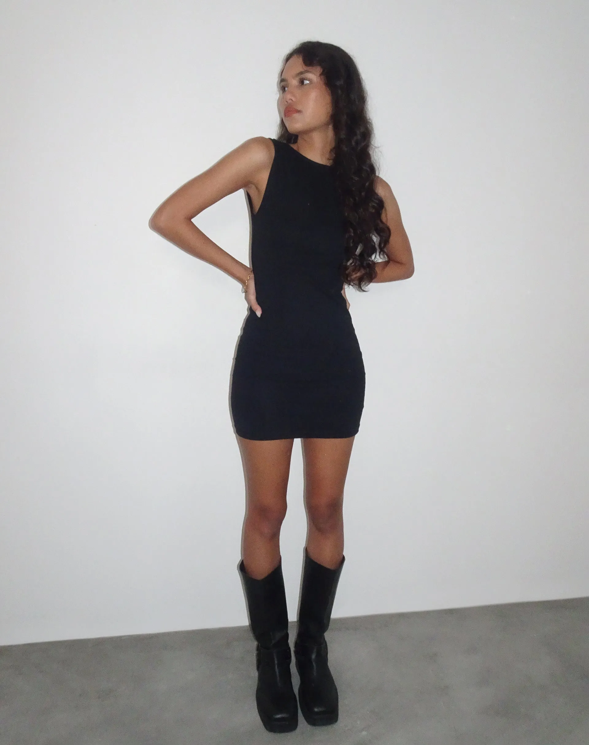 Slony Low Back Mini Dress in Black Lycra