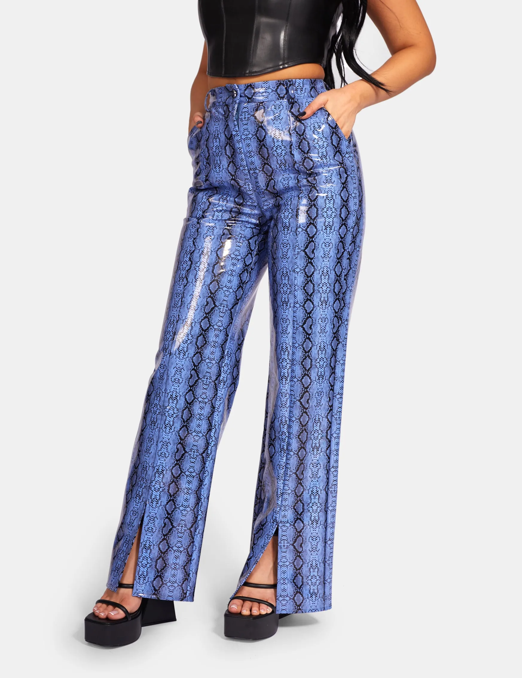 Snake Print Pu Wide Leg Trousers Blue