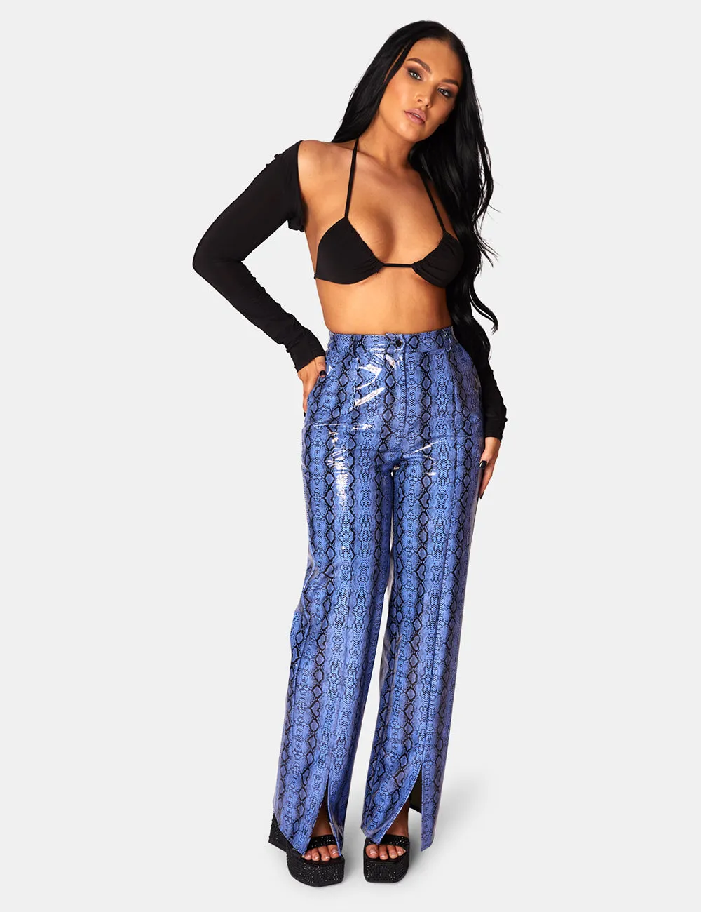 Snake Print Pu Wide Leg Trousers Blue