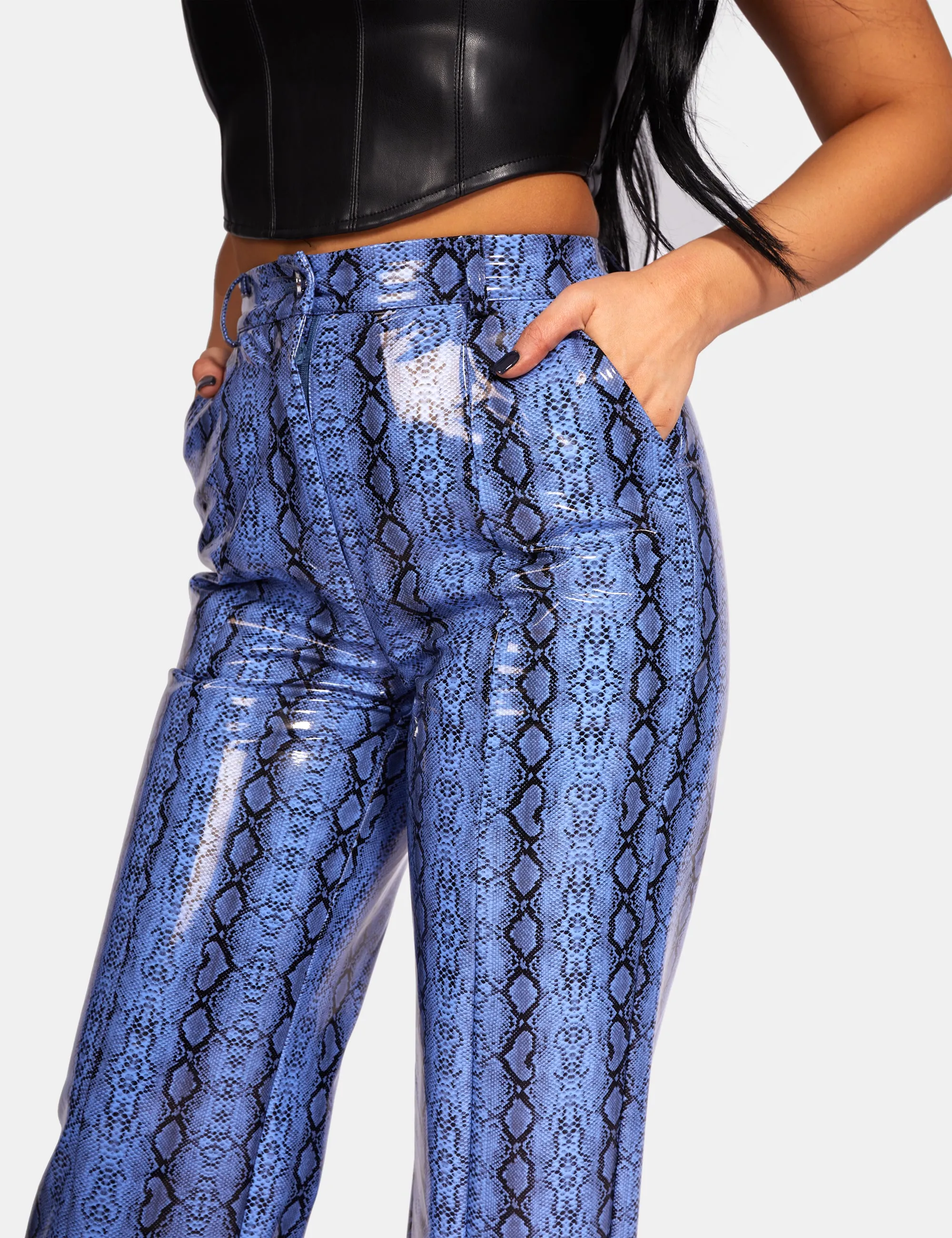 Snake Print Pu Wide Leg Trousers Blue