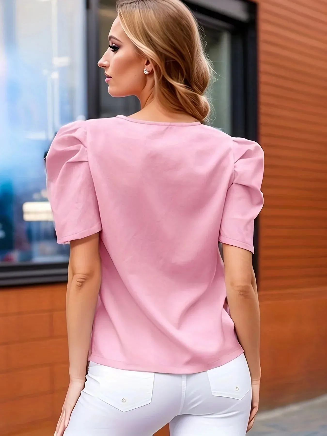 Solid Puff Sleeves Blouse for Women