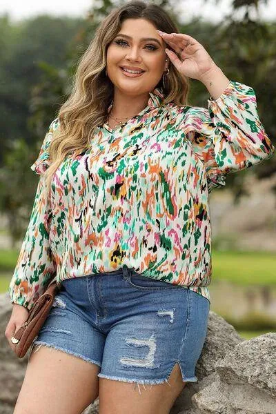 Stylish Ruffle Trim Long Sleeve Blouse - Plus Size