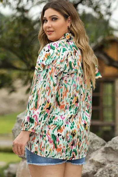 Stylish Ruffle Trim Long Sleeve Blouse - Plus Size