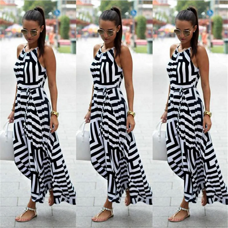 Summer Sexy Boho Striped O-Neck Sleeveless Maxi Long Dress For Female