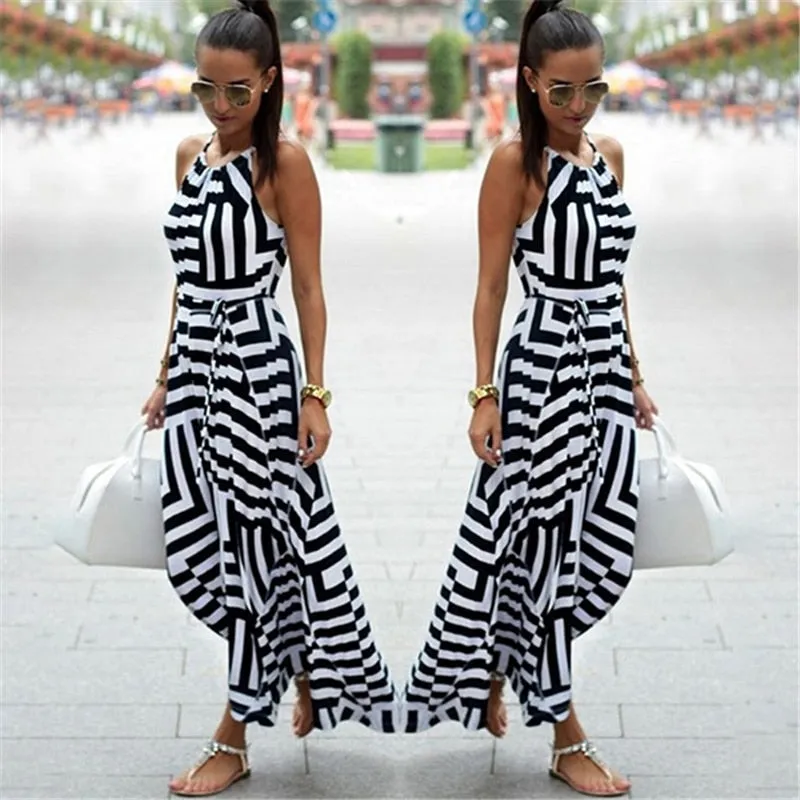 Summer Sexy Boho Striped O-Neck Sleeveless Maxi Long Dress For Female