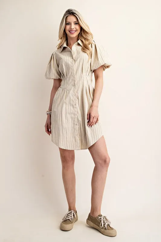 Tan Striped Button Down Shirt Dress