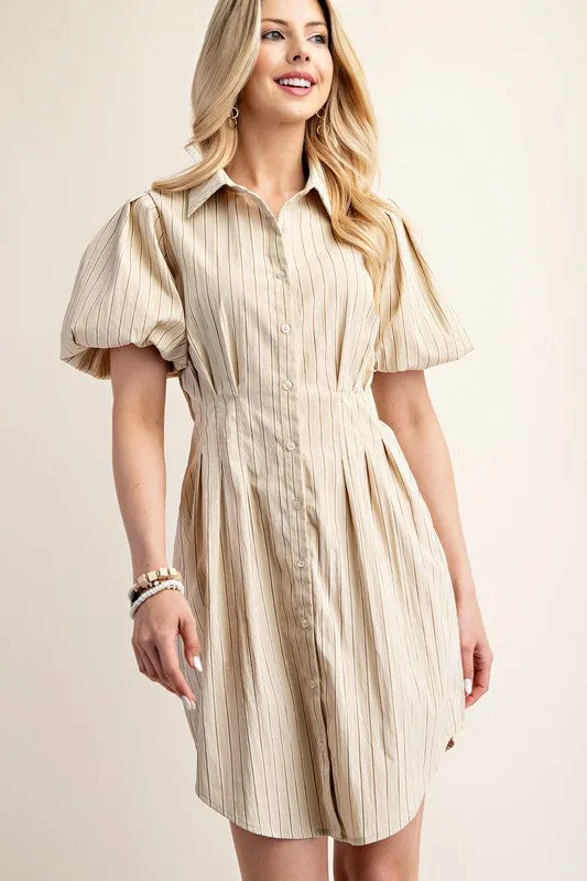 Tan Striped Button Down Shirt Dress