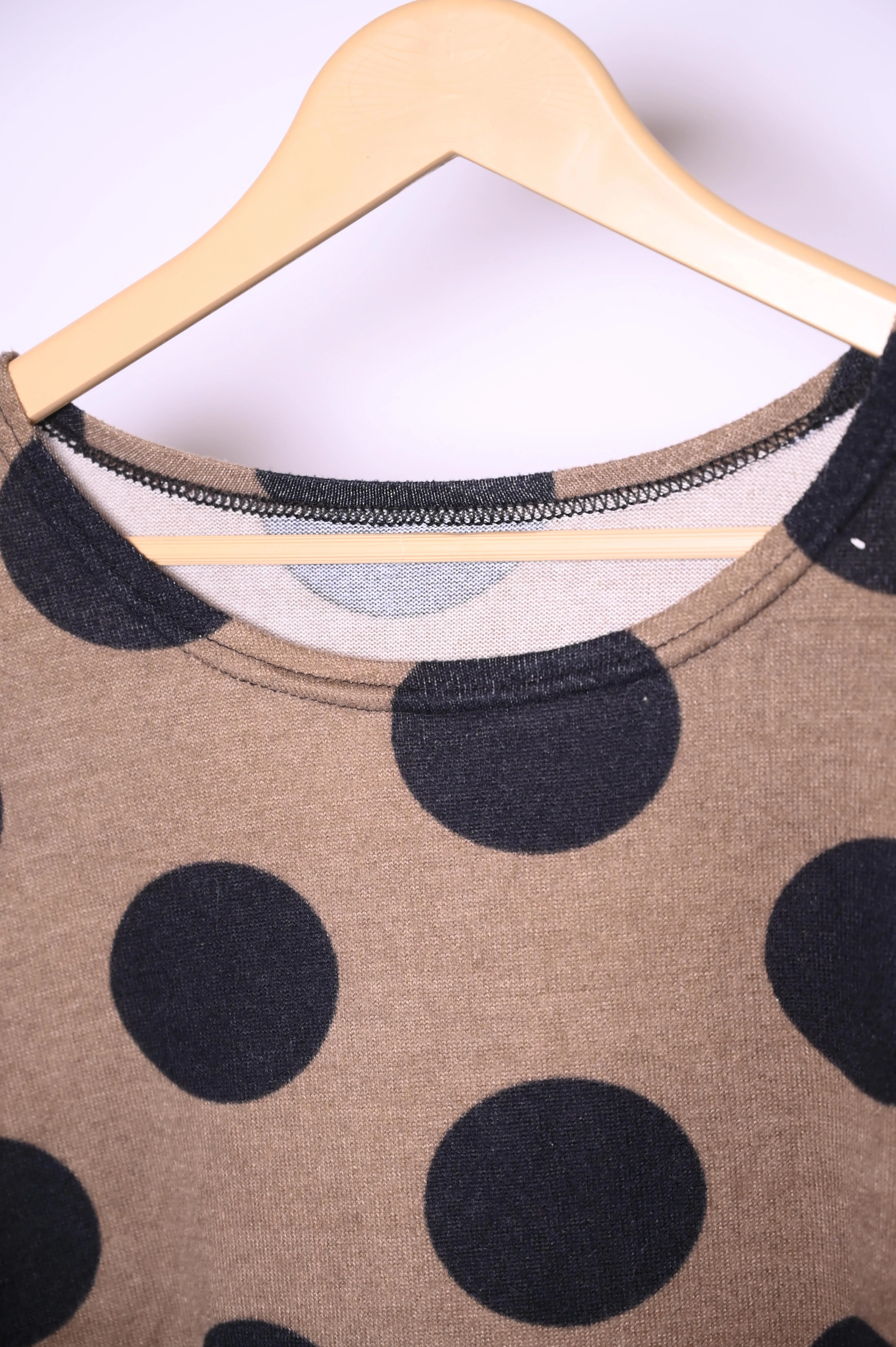 Thrifty Brown Blouse with Black Polka Dots – Medium