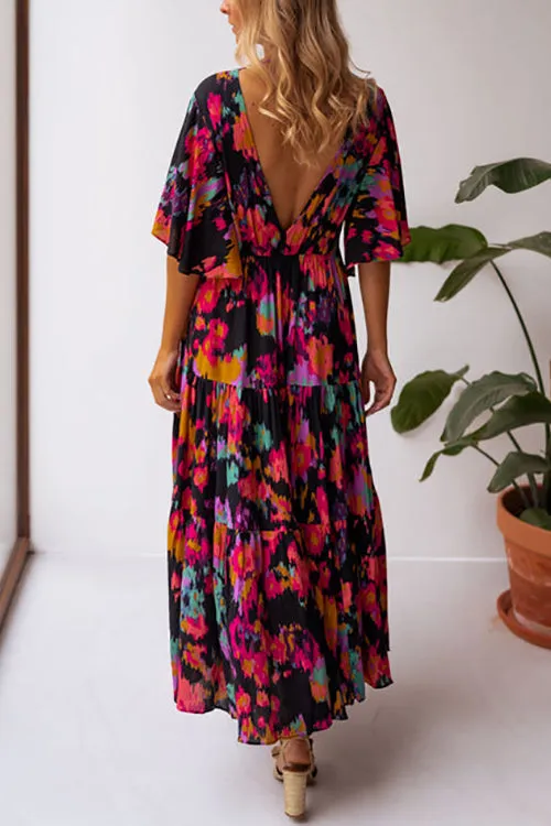 V Neck Floral Bat Maxi Dress