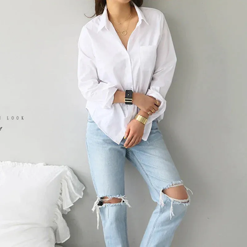 White Spring Long Sleeve Loose Blouse with Turn-down Collar