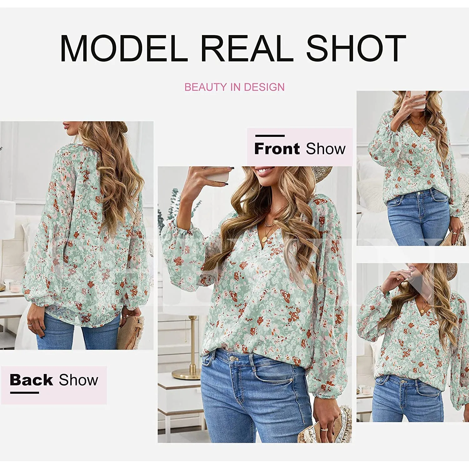 Womens Casual Boho Floral Print V Neck Long Sleeve Loose Blouse