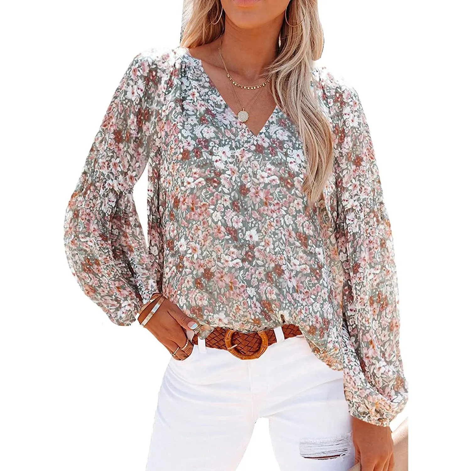 Womens Casual Boho Floral Print V Neck Long Sleeve Loose Blouse