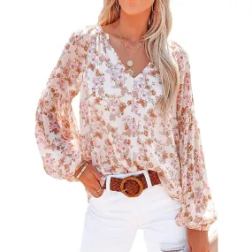 Womens Casual Boho Floral Print V Neck Long Sleeve Loose Blouse