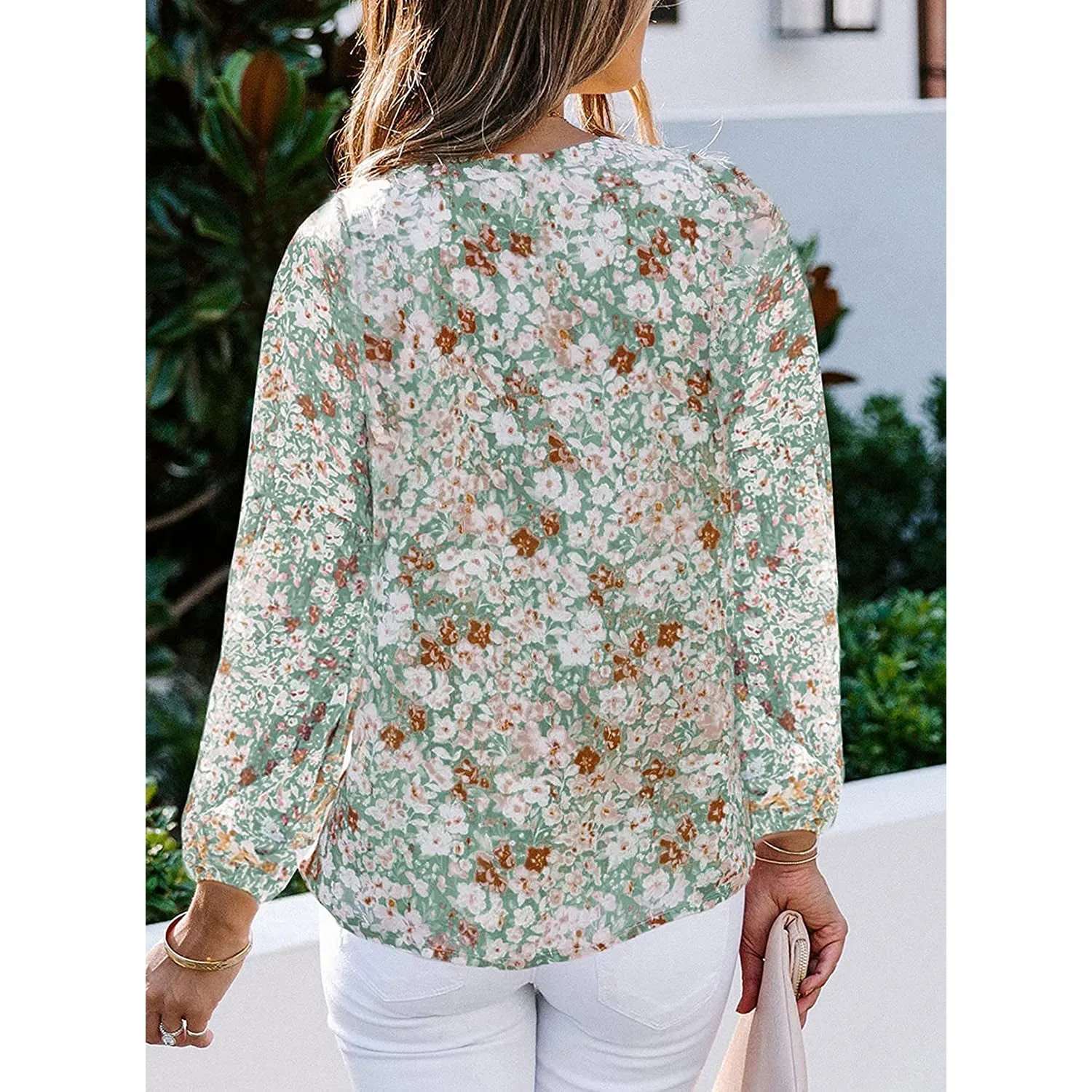 Womens Casual Boho Floral Print V Neck Long Sleeve Loose Blouse