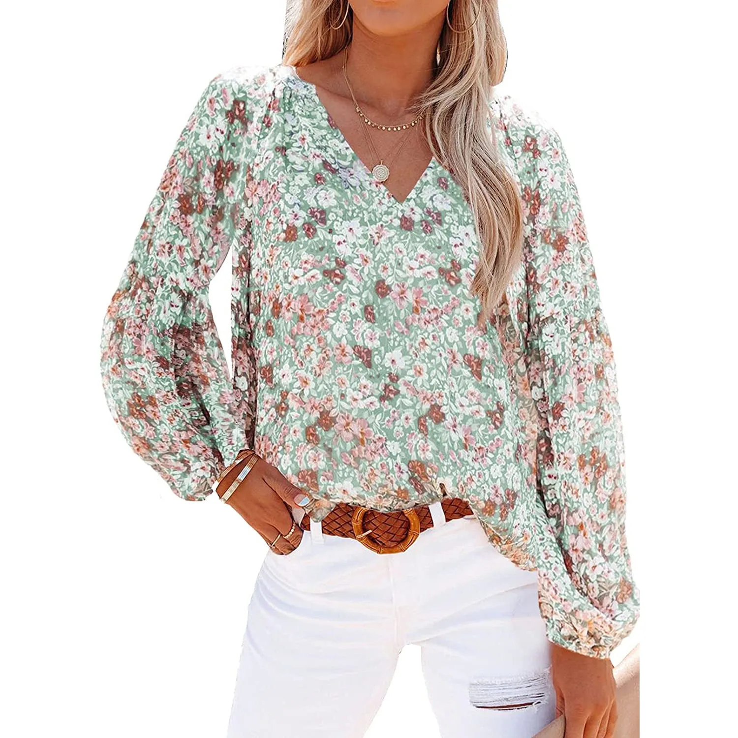 Womens Casual Boho Floral Print V Neck Long Sleeve Loose Blouse