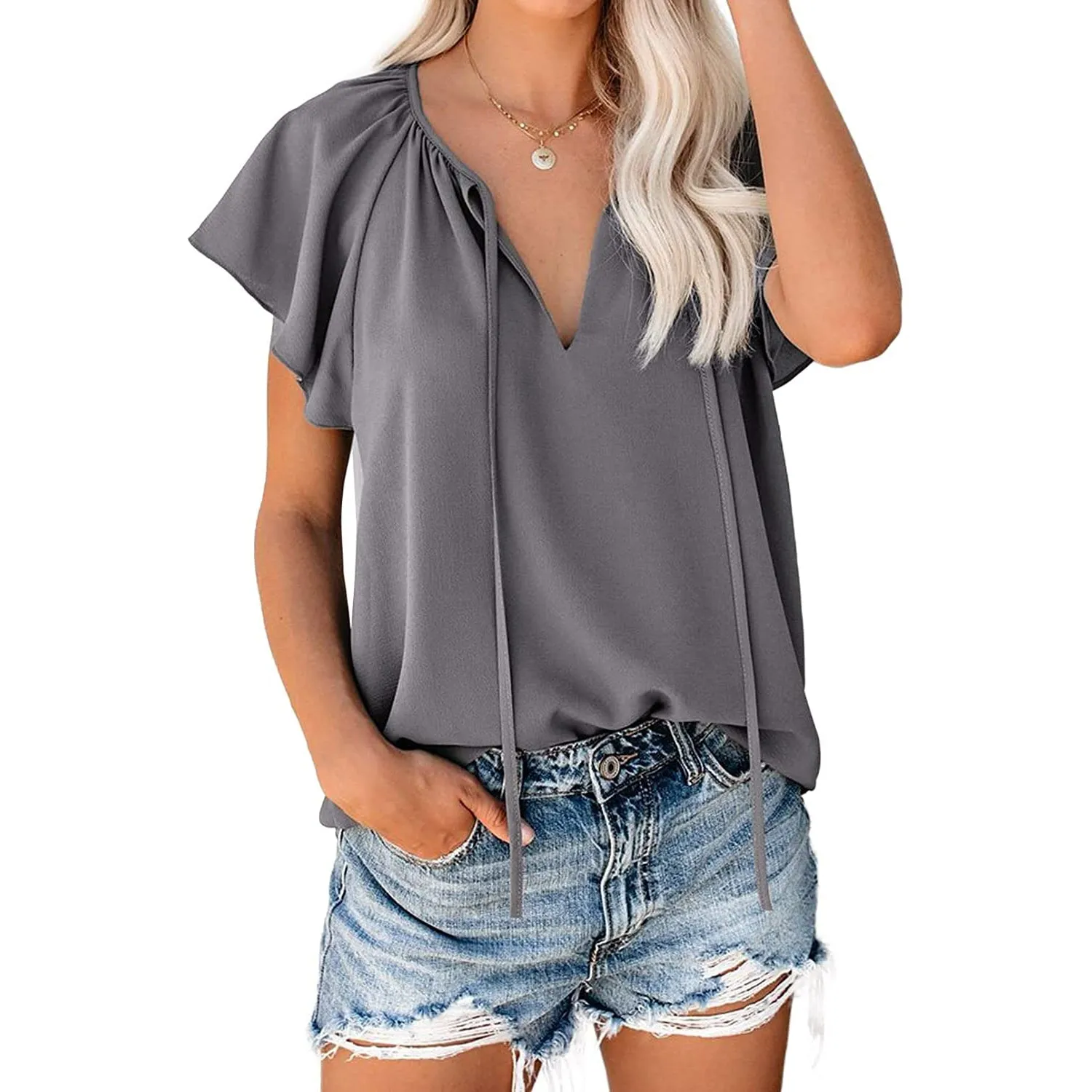 Women's Casual Boho V Neck Tops Drawstring T Shirt