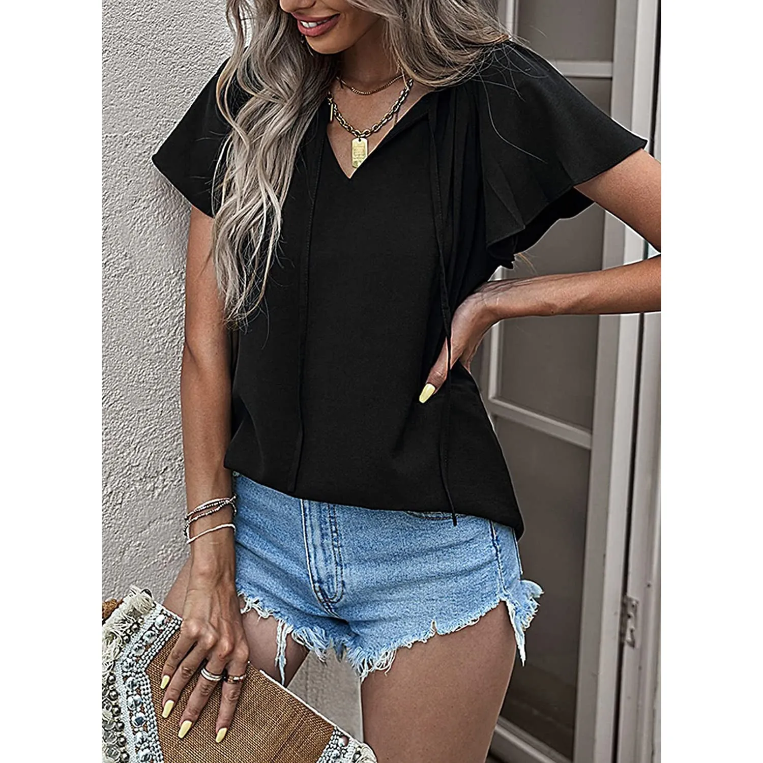 Women's Casual Boho V Neck Tops Drawstring T Shirt