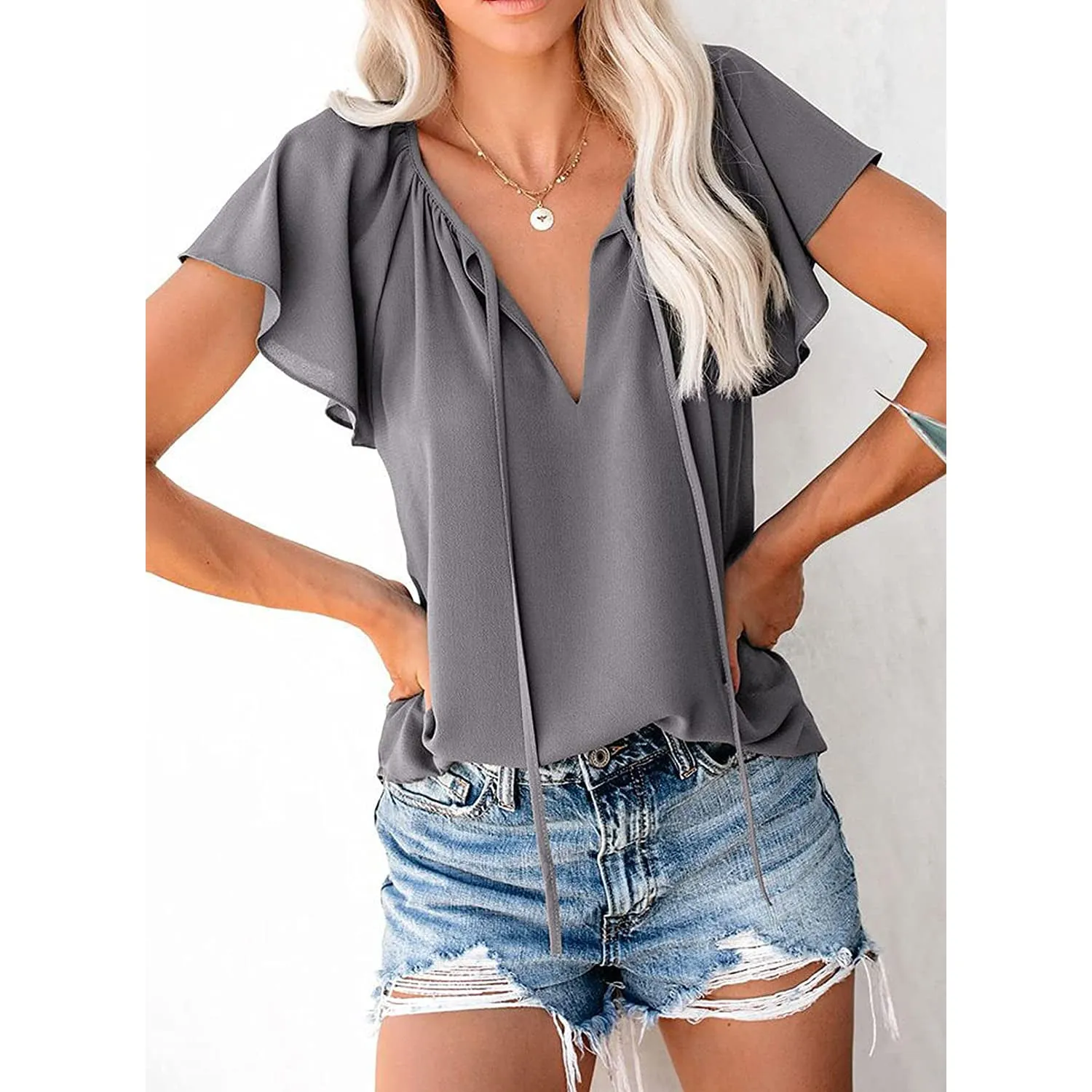 Women's Casual Boho V Neck Tops Drawstring T Shirt