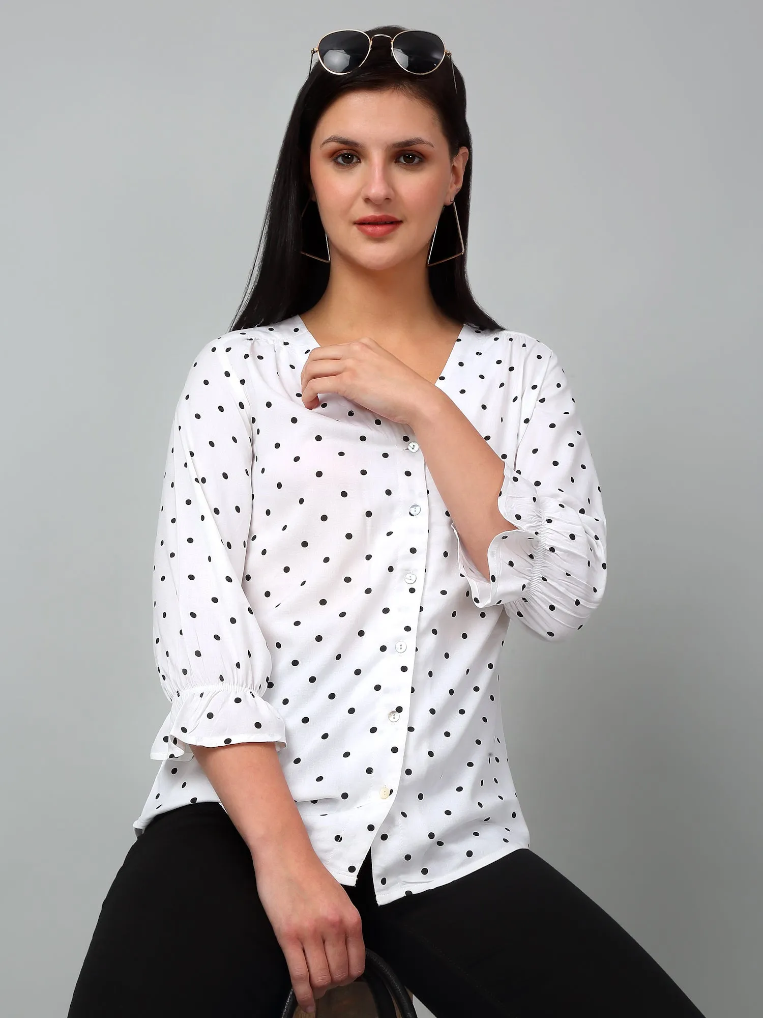 Women's Casual  Offwhite Polka dot Print V neck Top