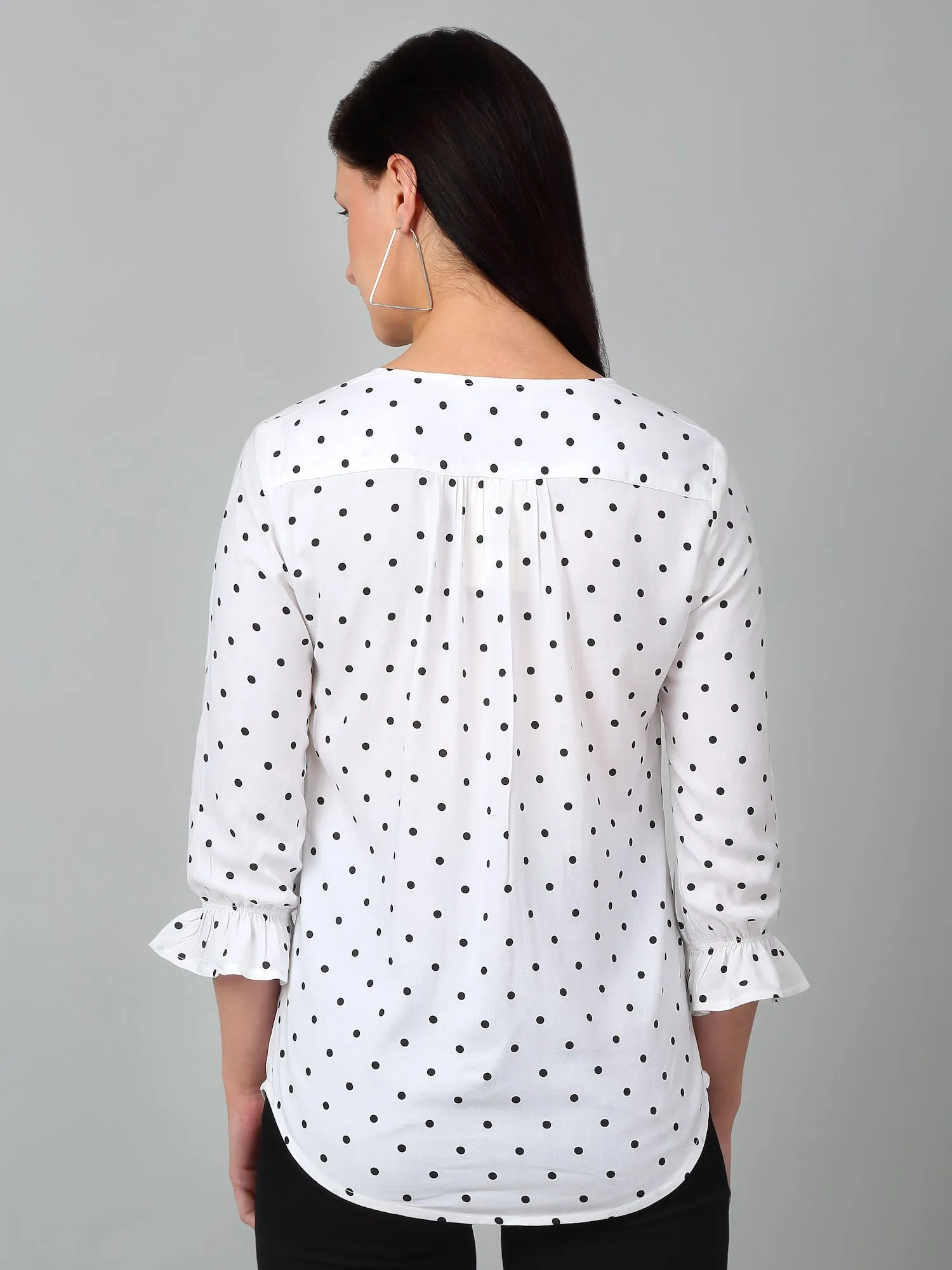 Women's Casual  Offwhite Polka dot Print V neck Top