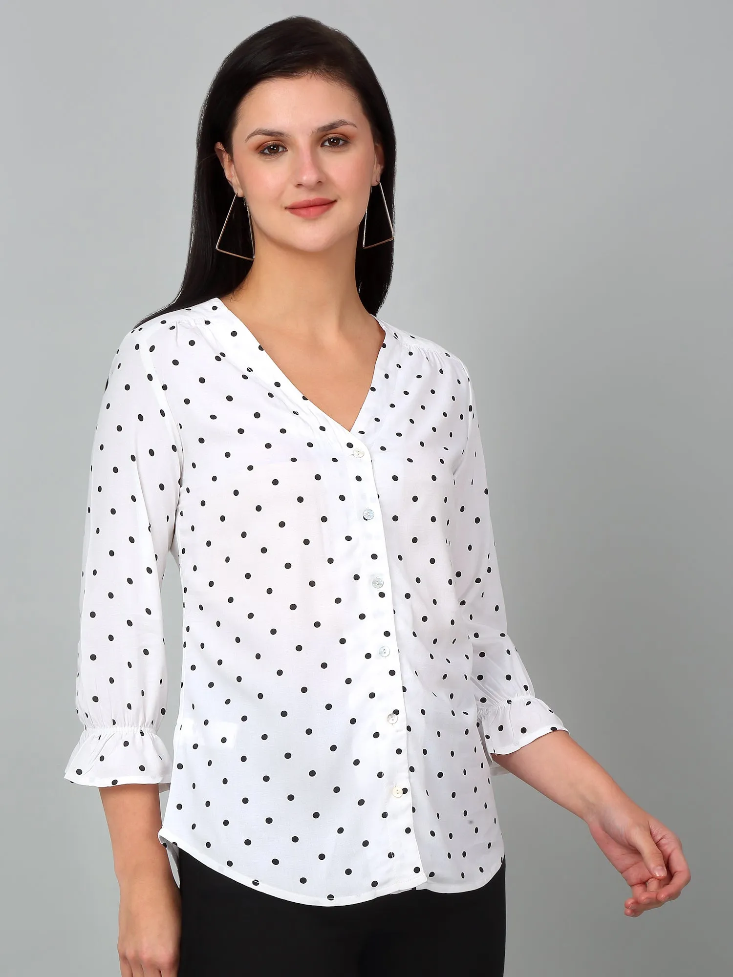 Women's Casual  Offwhite Polka dot Print V neck Top