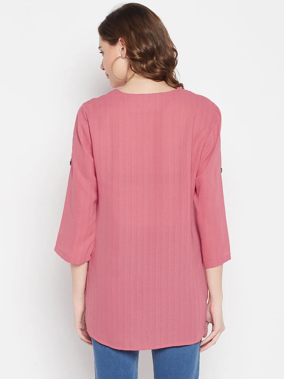 Women's Casual  Pink Solid V neck Tunic