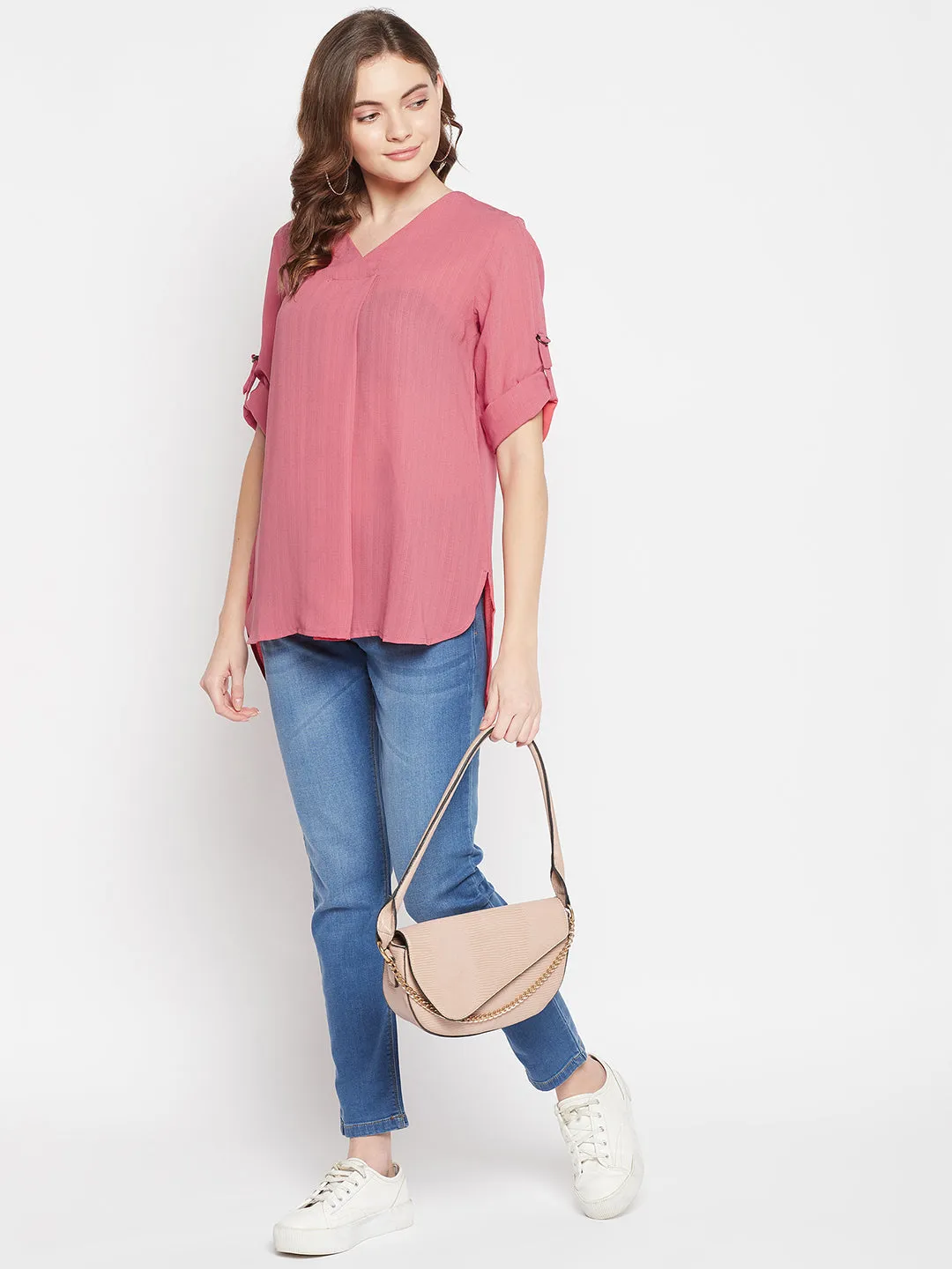 Women's Casual  Pink Solid V neck Tunic