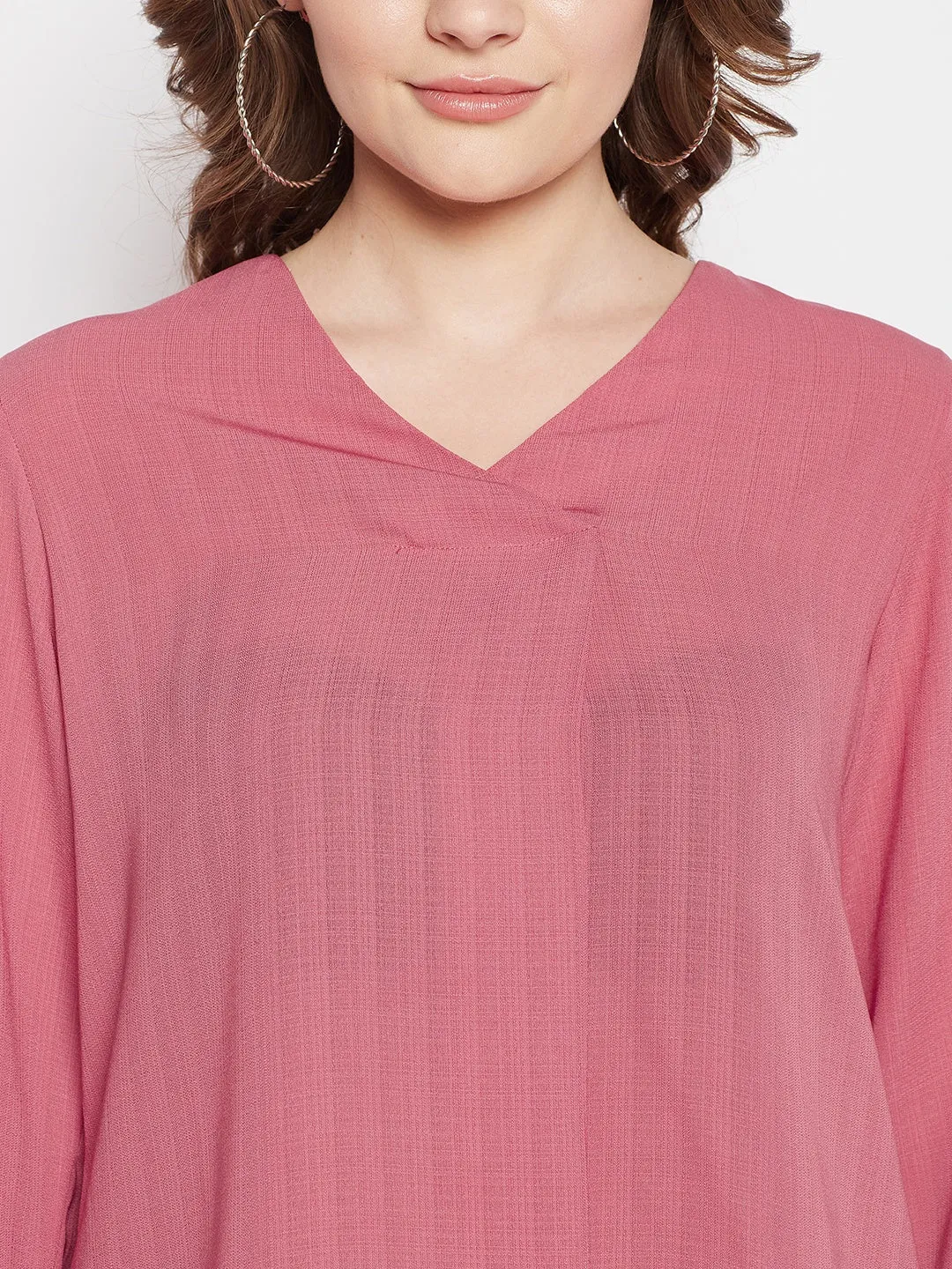 Women's Casual  Pink Solid V neck Tunic