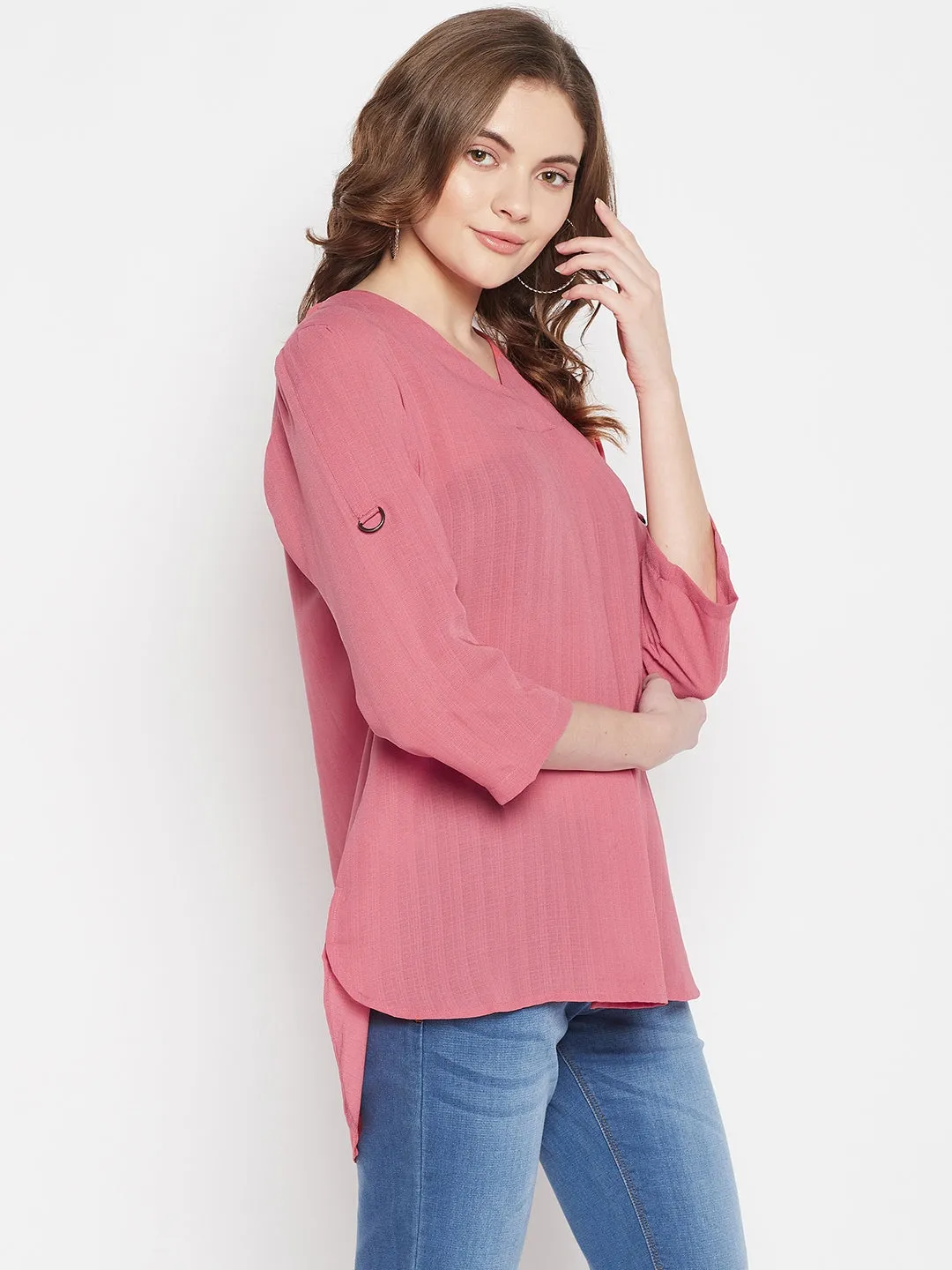 Women's Casual  Pink Solid V neck Tunic