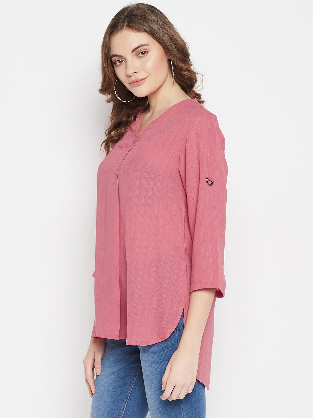 Women's Casual  Pink Solid V neck Tunic