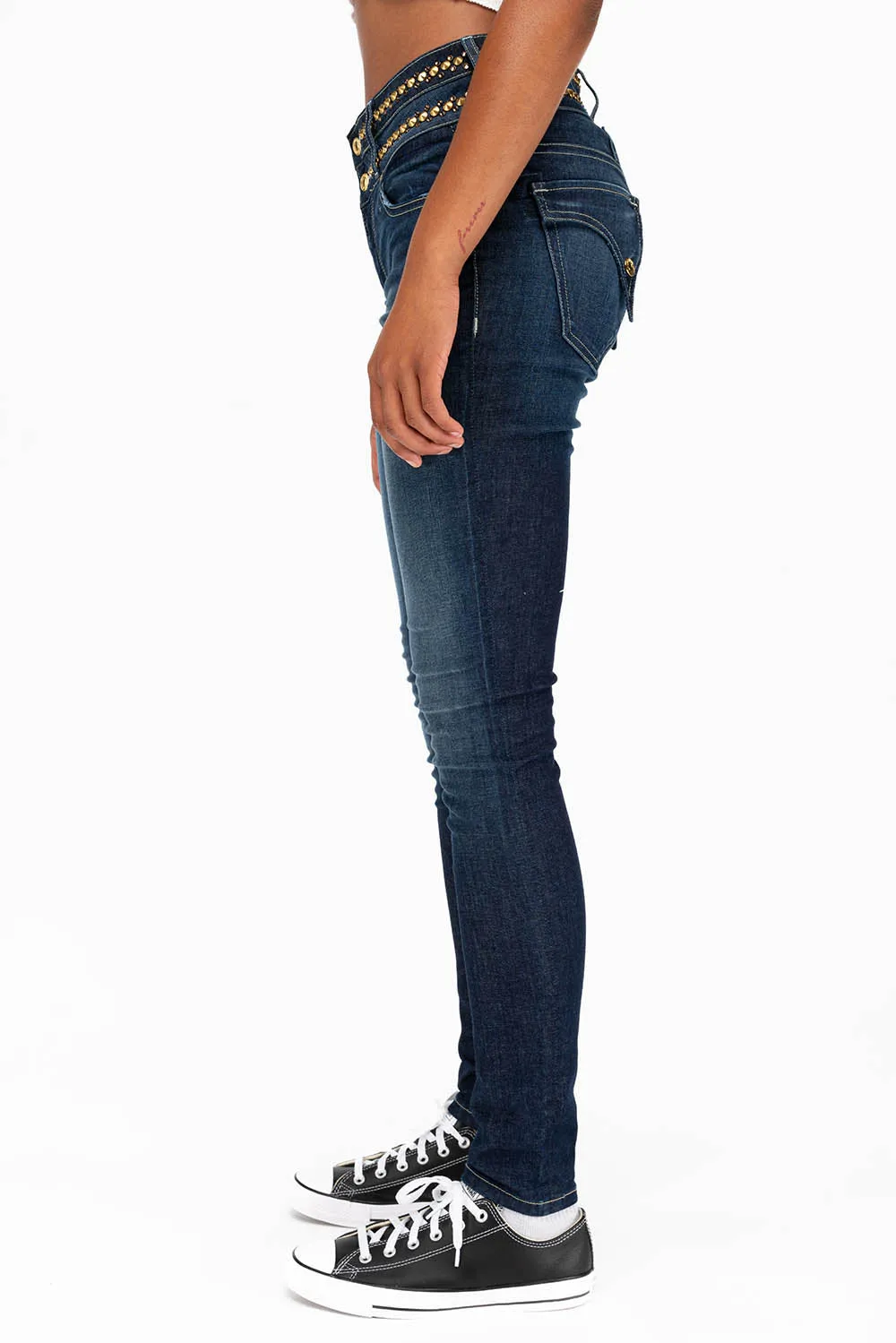 WOMENS KILLER FLAP DOUBLE WAIST HIGH RISE SKINNY JEANS IN LIBERTY DARK WITH STUDS AND CRYSTALS