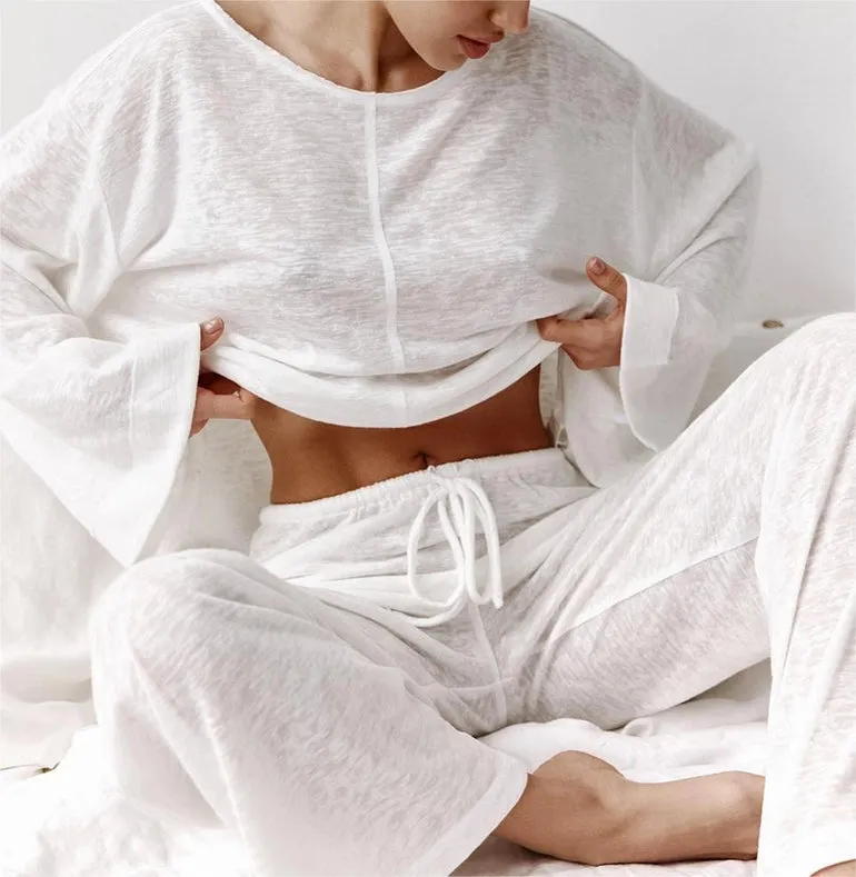 Women's Knitted Pajamas Trousers Soft Loungewear 2-piece Set