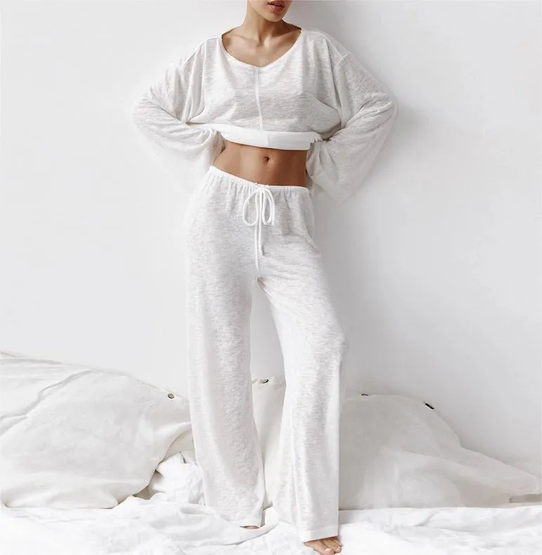 Women's Knitted Pajamas Trousers Soft Loungewear 2-piece Set