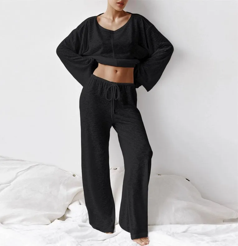 Women's Knitted Pajamas Trousers Soft Loungewear 2-piece Set